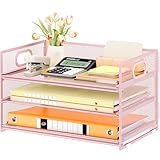 VITVITI 3 Tier Paper Desk Organizer with Handle and 1 Pcs Slideable Letter Tray, A4 Paper File Folder Sorter Metal Mesh Organizer for Home Office School Desk Supplies Organization Storage - Pink