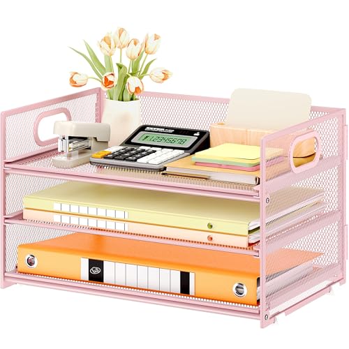 VITVITI 3 Tier Paper Desk Organizer with Handle and 1 Pcs Slideable Letter Tray, A4 Paper File Folder Sorter Metal Mesh Organizer for Home Office School Desk Supplies Organization Storage - Pink