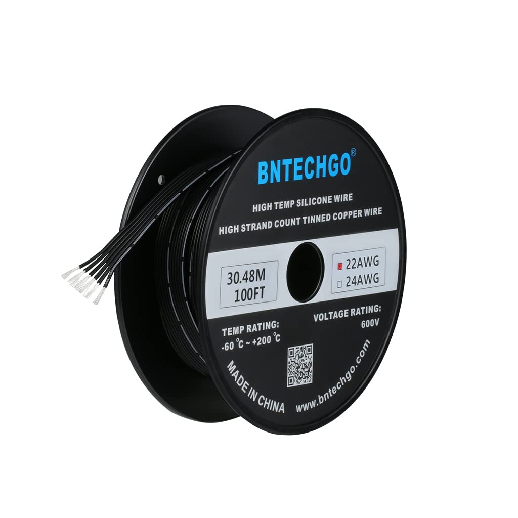 BNTECHGO Cable de cinta de silicona de calibre 22 flexible 6P negro de 100 pies, cable plano de 22 AWG, alambre de cobre estañado trenzado