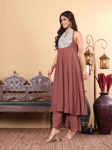 Image of Varanga Women Silk, Georgette Solid Nude Yoke Embroidered Sleeveless Flared Kurta With Trousers Co-Ord Set