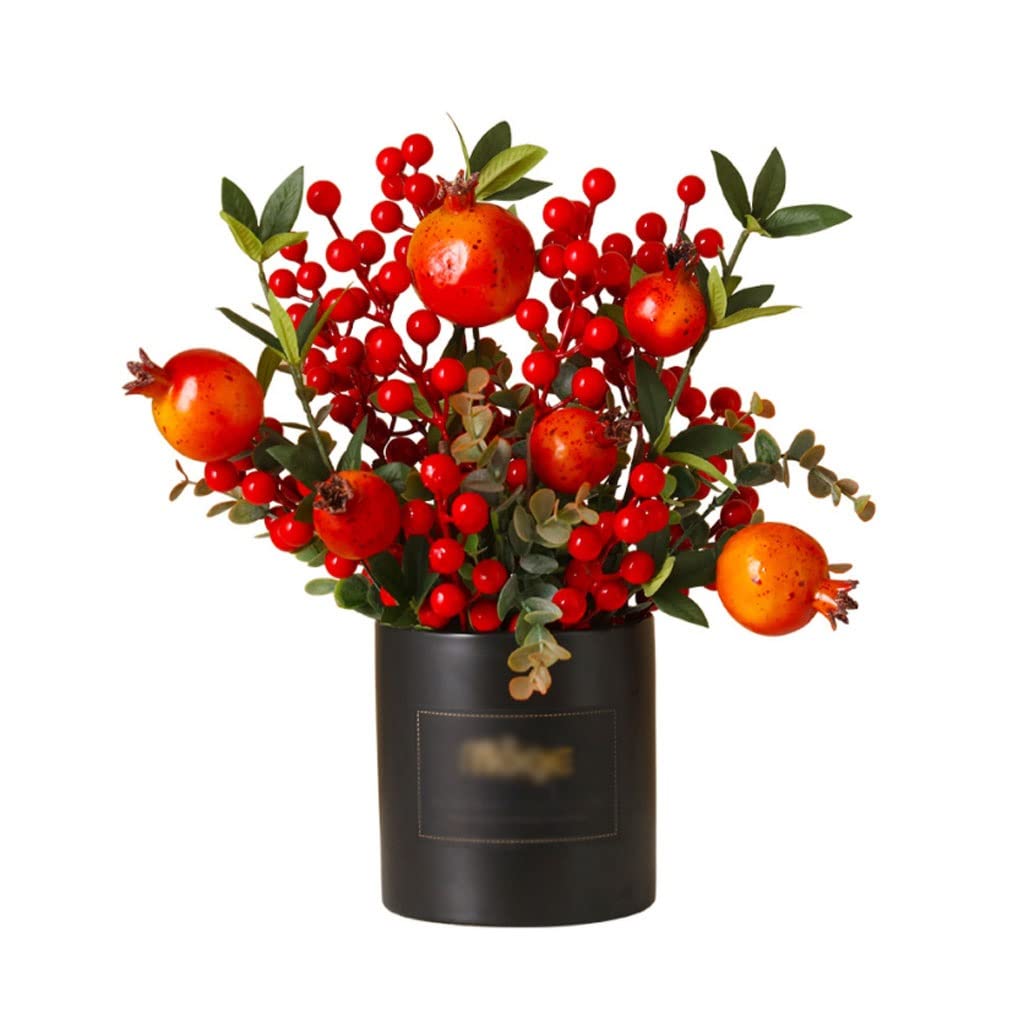 Arte Floral Pomegranate Flor Artificial con jarrón de cerámica for la decoración del hogar Flowers Set jardín Decoración Navidad Suministros Accesorios De Fotos