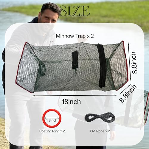 2 Pack Minnow Trap (8.8 * 18 inch) Fishing Bait Trap Small Fish Trap Crawfish Trap Fish Traps for Small Fish Foldable Fishing Net - Thumbnail 2