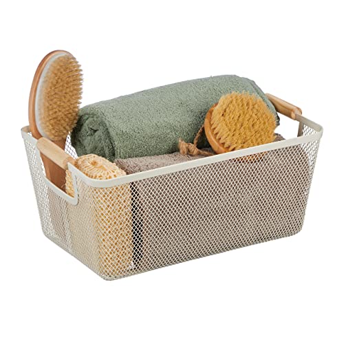 Relaxdays Drahtkorb mit Holzgriffen, eckig, Aufbewahrungskorb Metall, HBT 16,5 x 37 x 22,5 cm, Korb Küche, Bad, Farbwahl