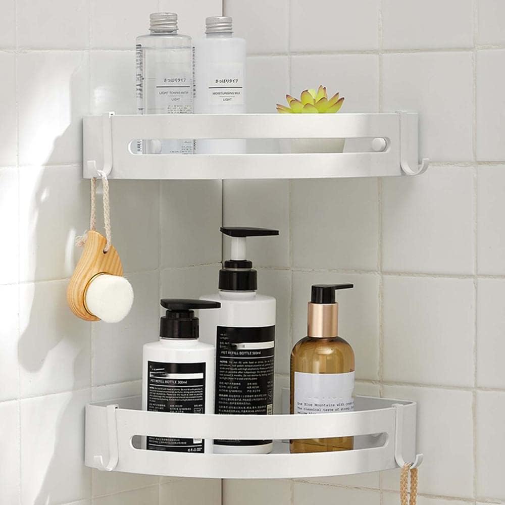 Bathroom Rack Adhesive Bathroom Shelves with Hooks Bathroom Shelf White Wall Mount No Drilling Space Aluminum for Toilets-1 Tier(3 Layers)
