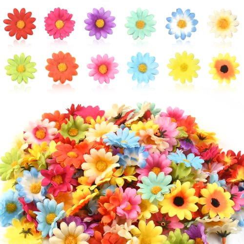 DOUSELLA 120 Stücke Künstliche Blumenköpfe Chrysanthemen Bunte Kunst Gänseblümchen Blütenköpfe Daisy Blütenköpfe Gemischt Seidenblumen zum Basteln Mini Kunstblumen Deko für Valentinstag Hochzeit Party