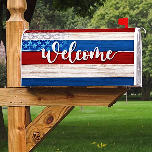 Texupday Welcome Usa Patriotic Stars And Stripes Wooden Board Mailbox Cover With Magnetic Strip 4Th Of July Mailbox Wraps Post Letter Box Cover Standard Size 21" X 18" For Garden Outdoor Yard Decor #TOP5