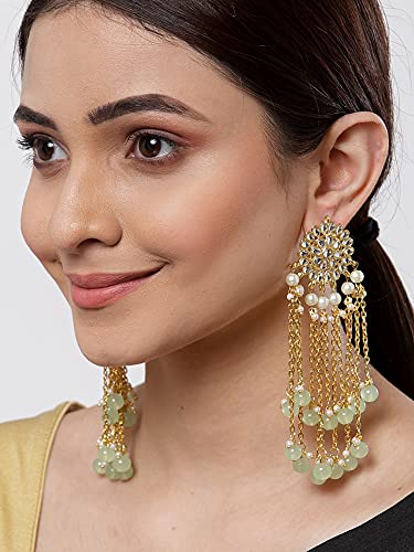 Image of Karatcart Kundan Tassel Earrings for Women (Pink and Green Beads)
