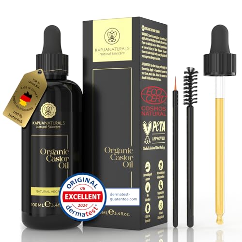 Organic Castor Oil • 100ml • 100% Pure & Natural • Cold Pressed • for Skin Eyelashes, Eyebrows, Hair, Beard & Fingernails • Vegan