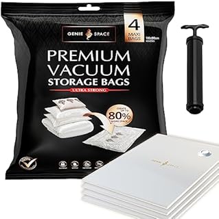 GENIE SPACE Max Vacuum Storage Bags - Pack of 4, 110x90cm | Strong XXL Jumbo Size Space Saving Bags | Premium Airtight & Reusable Vacuum Bag for Clothes, Duvets, Curtains, etc. | inc Travel Pump