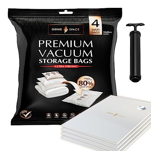 GENIE SPACE Max Vacuum Storage Bags - Pack of 4, 110x90cm | Strong XXL Jumbo Size Space Saving Bags | Premium Airtight & Reusable Vacuum Bag for Clothes, Duvets, Curtains, etc. | inc Travel Pump