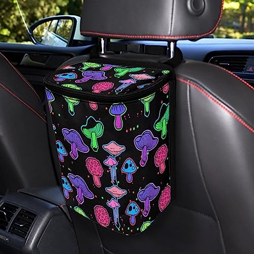 Rainbow Trippy Mushroom Print Car Trash Can with Lid and Zipper Portable Foldable Garbage Can Bag Hanging for Headrest Leakproof Organizer and Storage Bag Retro Car Interior Accessories