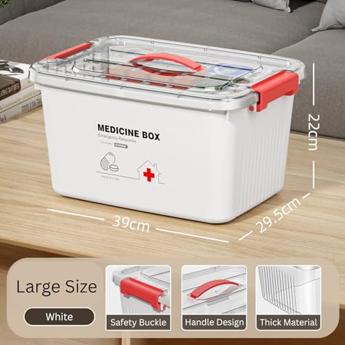 Image of HoopVool Clear Plastic Medicine Storage Box Organizer, Family Emergency Kit Portable Lockable Container for, Art Craft and Cosmetic Household Organizer (White, Large)