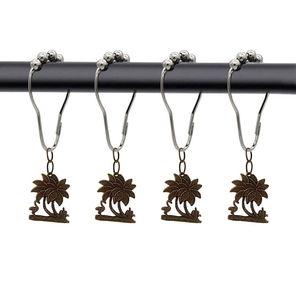 Shower Curtain Hooks with Palm Tree Pendant for Beach Seaside Summer Theme Decor Bathroom, Rust Proof Stainless Steel Decorative Shower Rings Set of 12 , Home Bathtub Decor Accessories (Bronze)