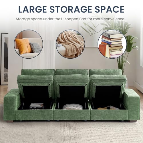 Image of TEKAMON 100 inch Modular Sofa with Seats Storage, Comfy 3-Seater Chenille Fabric Couch for Living Room, Office, Apart W /Deep Seat, USB Charging, Upholstered Couch with Removable Cover(Green)