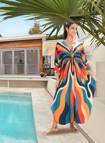 Image of Yanziliu Kaftan Dress for Women,Plus Size Hawaiian Batwing Sleeve Beach Cover Up Summer Swimsuit Dresses