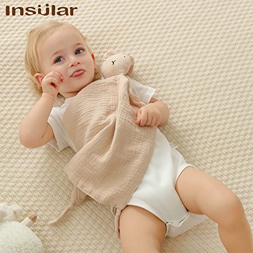 Image of insular Bunny Lovey Blanket for Boys and Girls, Organic Cotton Muslin Security Blanket for Babies, Soft Breathable Lovie Soothing Towel for Newborn and Infant, 2 Pcs Set (Beige&Pink)