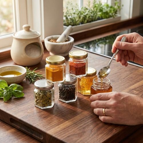 Image of Cute Hexagonal 50 grams Airtight Glass Jar Containers for Honey, Spices & other Kitchen Items with Rust Proof Gold & Silver Color Caps -Set of 06