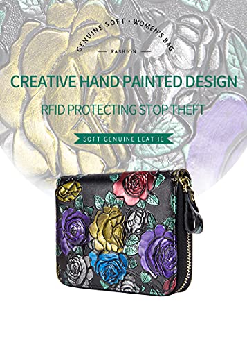 Genuine Leather Zip Wallet First Layer Cowhide RFID Blocking Organ Hand Painted Flower Card Holder Purse Coin Pocket Women Clutch Bag (Silver Rose)4