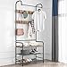 Produktbild LENTIA Garderobenständer multifunktionale Flurgarderobe stabil Kleiderständer Garderobe 3 Ablagefächer Kleiderstange mit Sitzfläche für Flur Vintage 10 Kleiderhaken (Schwarz-Holz)