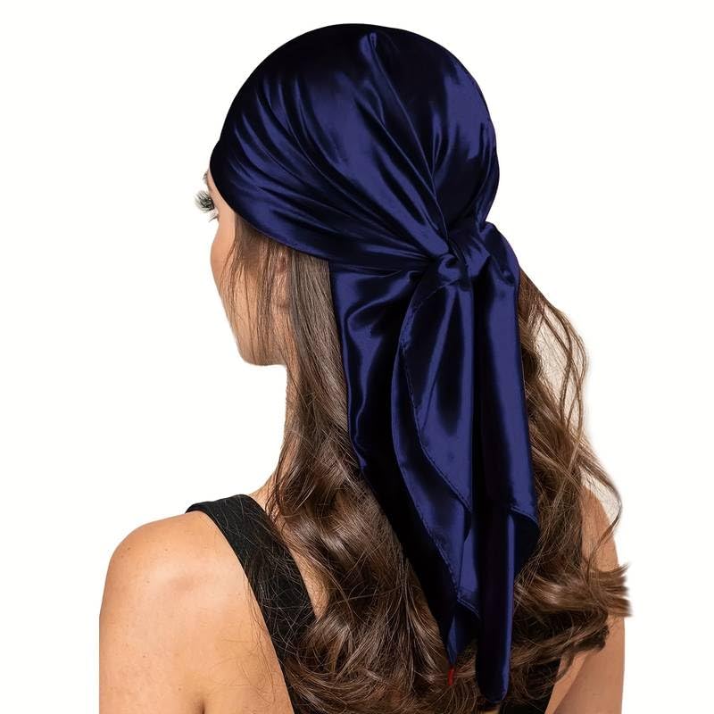 Foulard en satin de soie brillant grand carré pour la tête et le cou, 90 x 90 cm, bleu marine, L