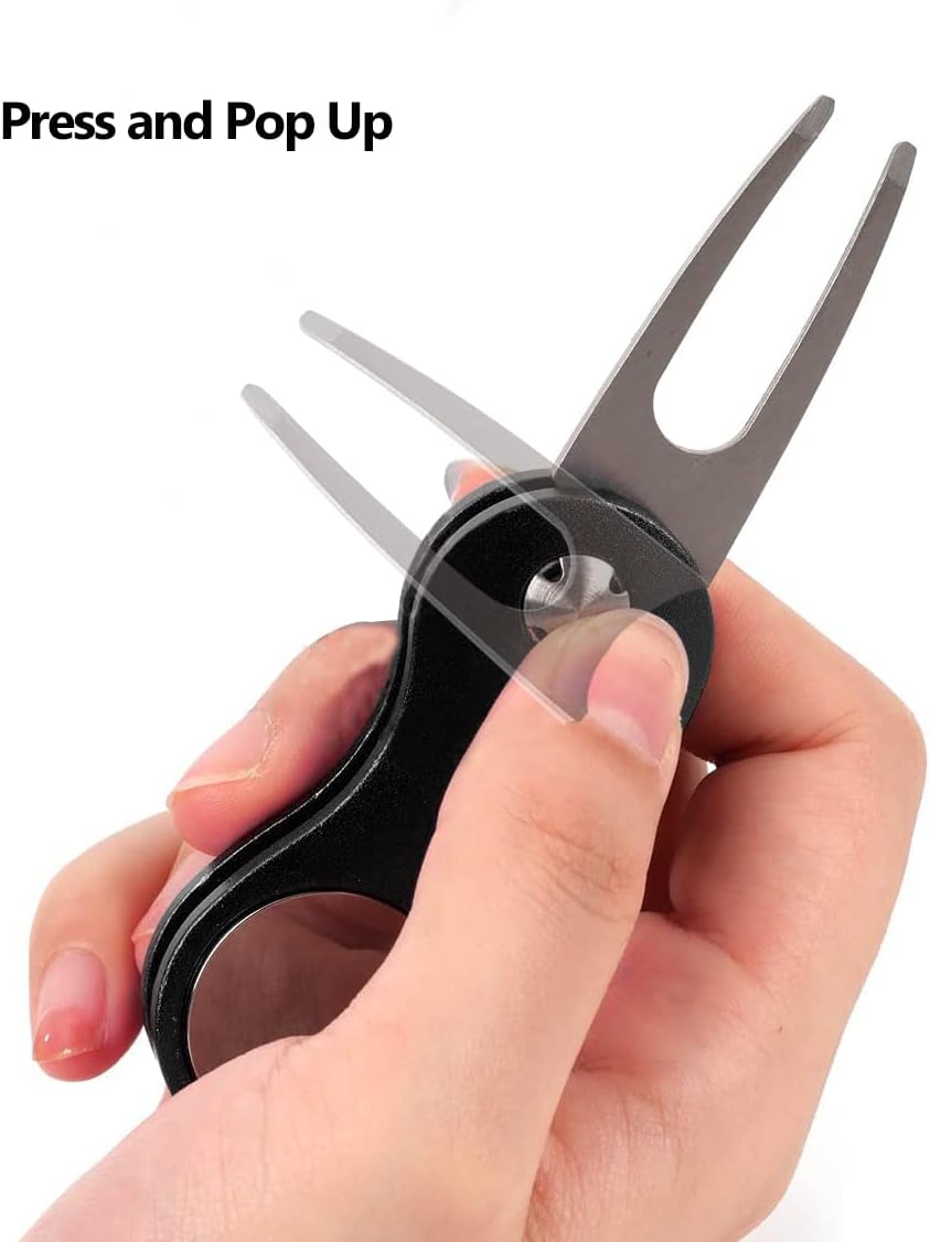 review ApexOne Foldable Golf Divot Repair Tool, 4 Packs Stainless Steel Golf Repair Accessories with Foldable Pop-up Button & Detachable Golf Ball Marker (Black)