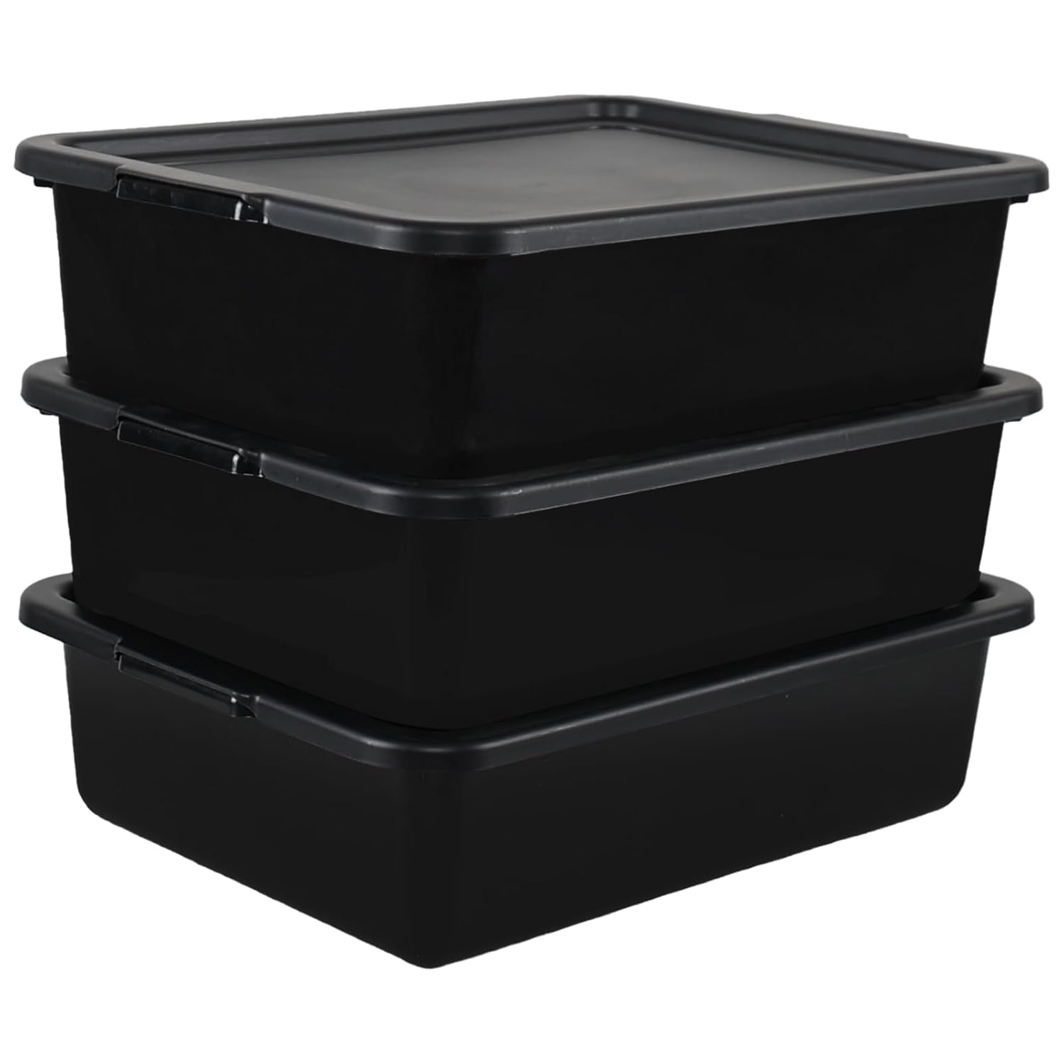 3-Pack 13 L Plastic Commercial Bus Tubs with Lid, Restaurant Dish Bus Box Totes, Black