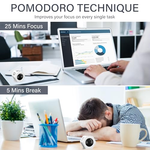 Image of Rotating Pomodoro Timer 5, 25, 10 30,60 Mins Preset Stopwatch, Desk Flip ProductivityTimer, ADHD Tool Hexagon, Vibration /Mute /Alarm, for Work, Study, Back to School, Kitchen, White