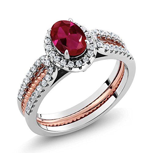 Gem Stone King 925 2-Tone Sterling Silver Created Ruby Women Wedding Band Insert Ring (1.52 Cttw, Gemstone Birthstone, Available In Size 5, 6, 7, 8, 9)