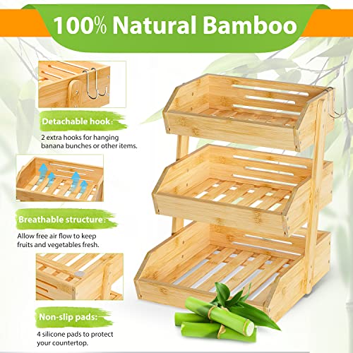 Gmtsl Bamboo Fruit Basket – 3 Tier Fruit Bowl For Kitchen Counter, Large Capacity Fruit Holder With 2 Banana Hangers, Idea For Fruit And Vegetable Storage, Bread Basket, Snack Organizer(Bamboo) #TOP1