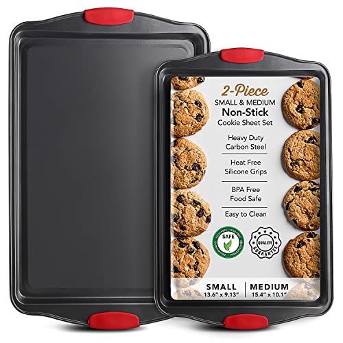 Baking Sheet Set, 2-Piece Cookie Sheet Set With Silicone Handles, Steel Baking Pan, Durable Baking Sheets For Oven, Bpa Free Cookie Sheets For Baking Nonstick Set, Premium Sheet Pan, Black Baking Tray