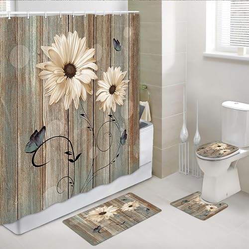 Bzhilja Rustic White Floral Butterflies Shower Curtain Set with Rugs, Barn Wood Vintage Daisy Bathroom Accessories Sets Non-Slip Mats, Bath Curtains with Bath Mats and Toilet Lid Seat Cover by Bzhilja - Used condition - US$22.85