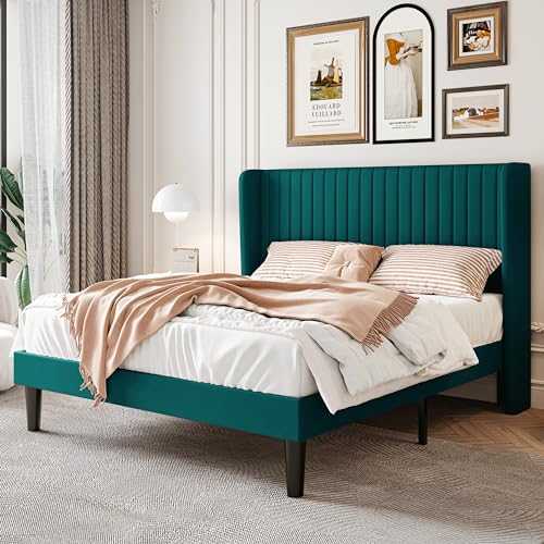 SHA CERLIN Full Size Velvet Bed Frame with Vertical Channel Tufted Wingback Headboard, Upholstered Platform Bed with Wood Slats, No Box Spring Needed, Easy Assembly, Teal