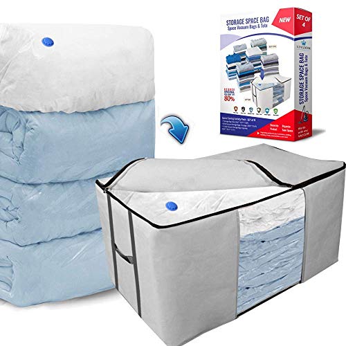 New Storage Space Bag / Storage Bag Tote with Reusable Vacuum Space Saver Bags. Organizing System that Protects Your Comforters, Clothing, Bedding, & More! (Grey - Closet Model)