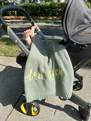 Monbebe Personalized Baby Blanket with Name | Custom Newborn Gift | Embroidered Infant Blanket | Soft Cotton Knit Swaddle | Monogrammed Baby Bedding | Boys and Girls Crib Throw (Light Blue)