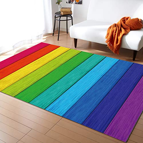 Multicolor Vintage Retro Rural Farm Wood Grain Area Rug 4'X6',Outdoor Indoor Carpet Runner For Kids Teen Girls Boys Bedroom,Living Room,Bathroom,Classroom,Kitchen,Rainbow Color Washable Area+Rug #TOP7
