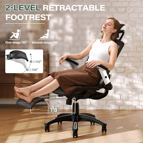 Image of GABRYLLY Ergonomic Office Chair, High Back Home Desk Chair with Footrest,3D Headrest, Flip-Up Arms, 135 Tilt and Wide Cushion, Heavy Duty Mesh Chairs for Task Computer Gaming, Black
