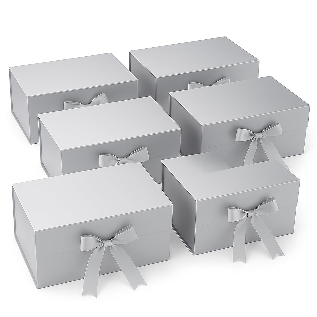 Awestuffs Premium Silver Gift Boxes for Gift Packaging, Reusable Decorative Gift Boxes (23 x 16 x 10 cm) for Hampers, Weddings, Birthdays, Festivals & Corporate Gifts (Pack of 6)