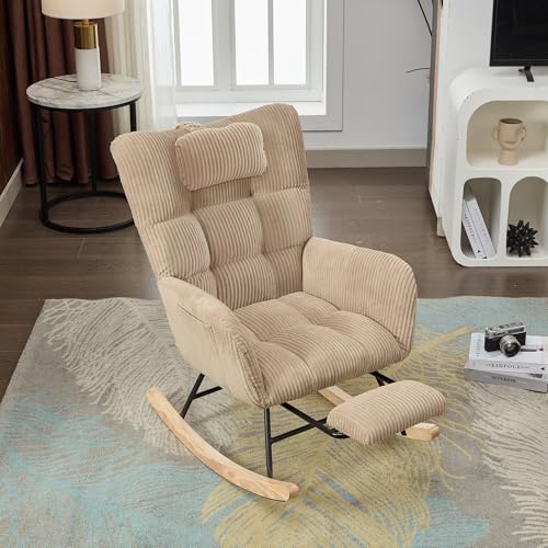 Aunvla Mecedora marrón moderna tapizada de tela de alta calidad con asiento acolchado, respaldo alto, sillón e invisible, con cojín cervical