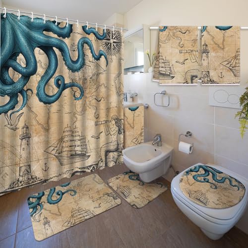 Nuanchu 6 Pcs Vintage Nautical Octopus Shower Curtain Set with