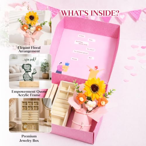 Image of Art Street Rakshabandhan Gift Hamper for Sister with Elegant Crochet Flower Bouquet in Pink Pot, Acrylic Frame with Quote & Velvet Lined Jewelry Box