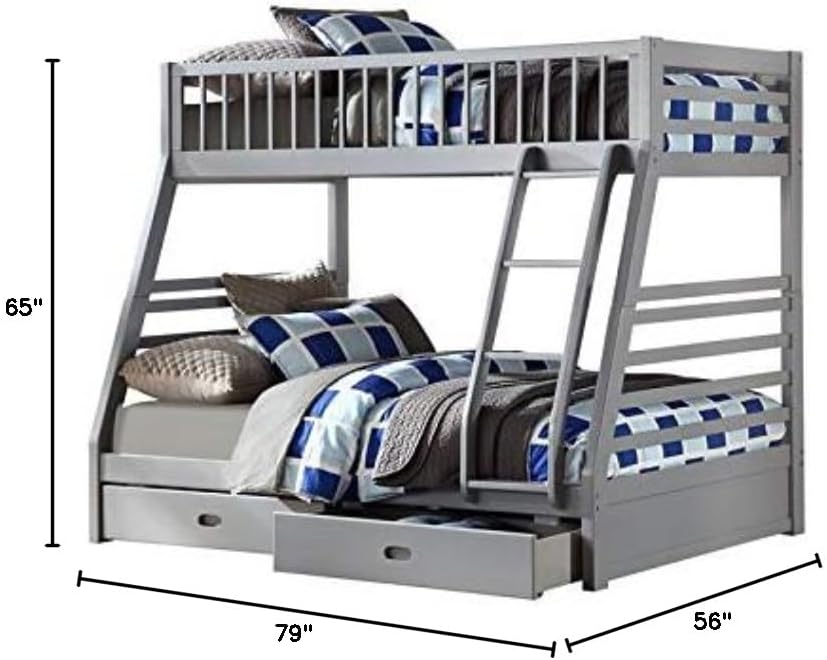 Pemberly Row Twin Over Full Bunk Bed, Gray Finish, Wood Construction, 2 Storage Drawers, Full-Length Guard Rail, Slat System, 65 in H x 79 in W x 56 in D, Stylish Kids or Youth Bedroom Furniture