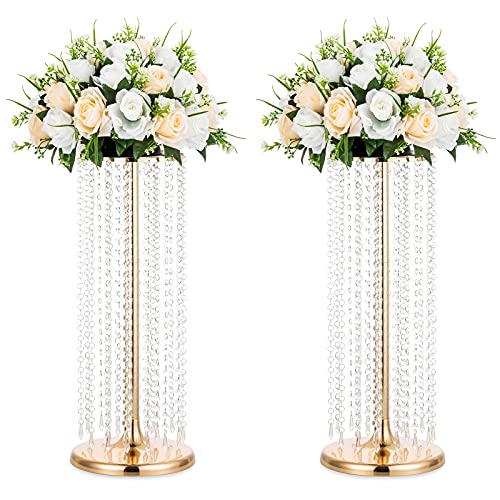 Nuptio 2 Stücke Blumenständer Hoch Gold 60cm Kristall Hochzeit Mittelstücke Vase Metall Blumen Vasen für Party Tischdekorationen Elegante Massenhochzeiten Dekoration Tischleuchter Mittelstück Steht