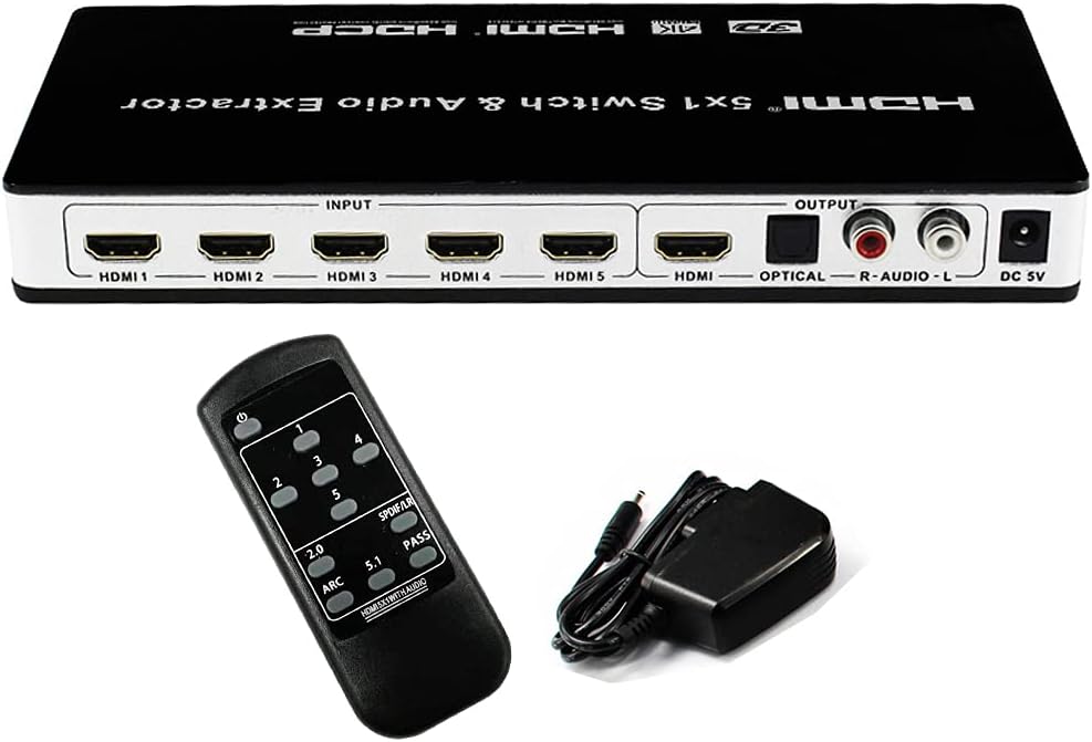 Unocho 4k hdmi Switch 30hz hdmi switcher 5 Port 5x1 hdmi switcher Splitter Box hdmi Audio Extractor Supports 1080p Ultra hd 4k hd 3D arc with Remote Control