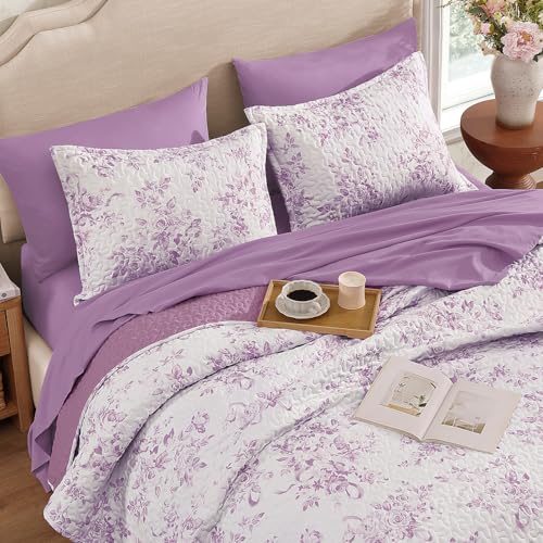 Image of Andency Quilt Twin Size, Purple Flower Bedspread Twin Size, 3 Pieces Soft Bedding Set for Women Teen Girls, Lightweight Coverlet Set for All Season with 2 Pillowcases (68 inchx86 inch)