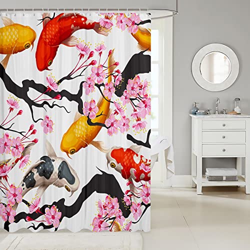 Japanese Style Bathroom Shower Curtain Traditional Retro Theme Shower Curtain Koi Fish Print Bath Curtain Cherry Blossom Fabric Shower Curtain for Kids Boys Girls Adults 72x94 Inch - Image 2