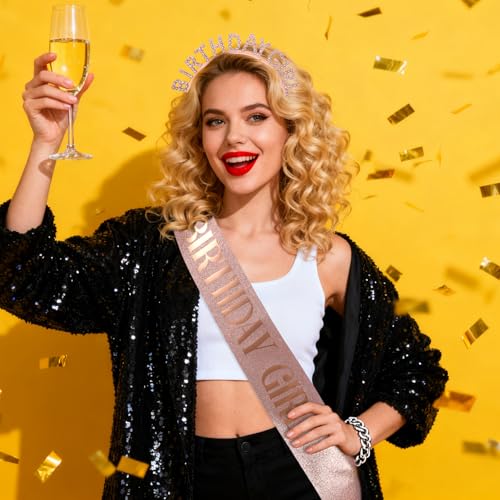 Krone Geburtstag, Geburtstagskönigin Krone, Happy Birthday Tiara und Schärpe für Frauen, Glitzer Roségold Mädchen Schärpe und Strasskrone, Happy Birthday Accessoires
