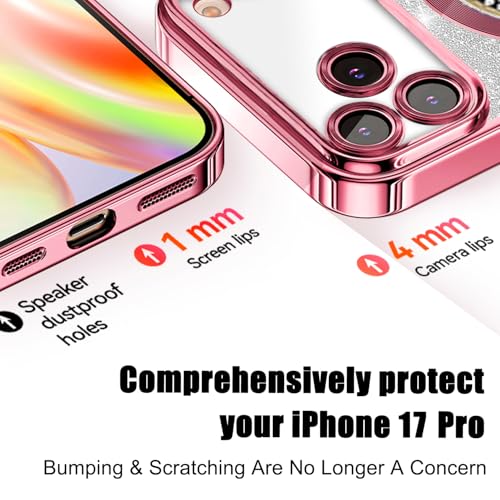 Image of Misscase for iPhone 17 Pro Magnetic Glitter Case Compatible with MagSafe,Full Protection Slim Shockproof Anti-Scratch Case with Camera Lens Protector Plating Bling Dust-Proof Net Pink