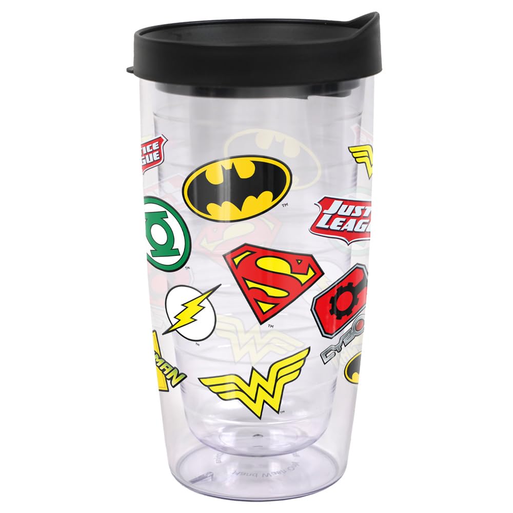 LOGOVISION Justice League Symbols Double-Walled Plastic Travel Tumbler Keeps Drinks Hot & Cold, 16oz.