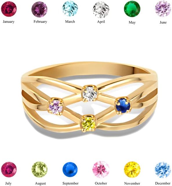 10K or 14K Yellow Gold Personalized Mix-and-Match Women's 3.4mm Wide Multi Row X Crossover Ring with 4 CZ Birthstones - Choice of Birthstone Color/Ring Size