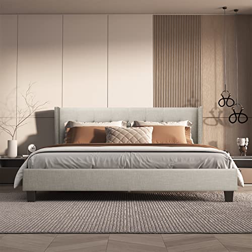Bonsoir Bed Frame Upholstered Traditional Low Profile Platform With Wing Back Headboard/No Box Spring Needed/No Bed Skirt Needed/Linen Fabric Upholstery/Sand (Sand, Full Size) #TOP1
